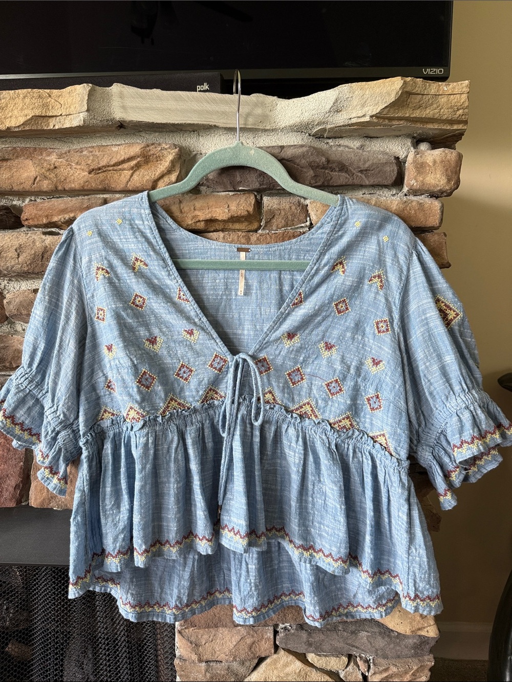 Free People Sky Blue Embroidered Tie-Front Peasant Top